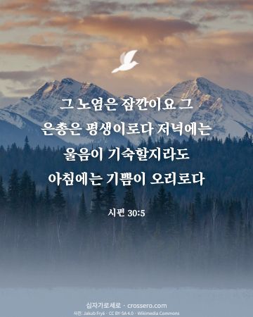 시편 30:5 말씀 카드 - 그 노염은 잠깐이요 그 은총은 평생이로다 저녁에는 울음이 기숙… (위로의 말씀 카드, 호수 사진)