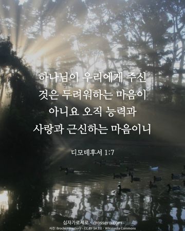 디모데후서 1:7 말씀 카드 - 하나님이 우리에게 주신 것은 두려워하는 마음이 아니요 오직 능… (용기의 말씀 카드, 빛내림 사진)