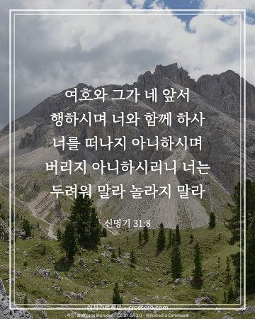 신명기 31:8 말씀 카드 - 여호와 그가 네 앞서 행하시며 너와 함께 하사 너를 떠나지 아… (용기의 말씀 카드, 산 사진)