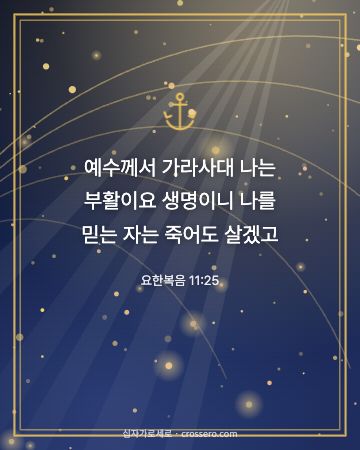 요한복음 11:25 말씀 카드 - 예수께서 가라사대 나는 부활이요 생명이니 나를 믿는 자는 죽어… (믿음의 말씀 카드, 별빛과 금빛 배경)