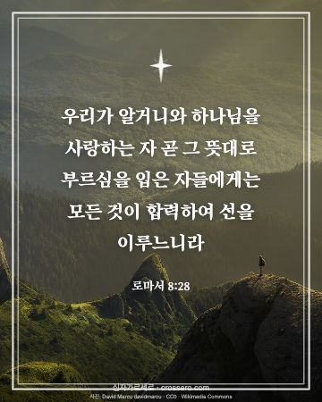 로마서 8:28 말씀 카드 - 우리가 알거니와 하나님을 사랑하는 자 곧 그 뜻대로 부르심을 … (새해 말씀 카드, 산 사진)