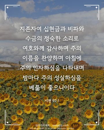 시편 92:1 말씀 카드 - 지존자여 십현금과 비파와 수금의 정숙한 소리로 여호와께 감사하… (추수감사 말씀 카드, 들판 사진)